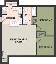  Floor Plan 2-Bed, 1-Bath, Garden Market