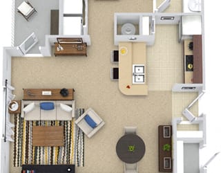 Grenada 3D. 1 bedroom apartment. Kitchen with bartop open to living/dinning rooms. 1 full bathroom. Walk-in closet. Patio/balcony with storage.
