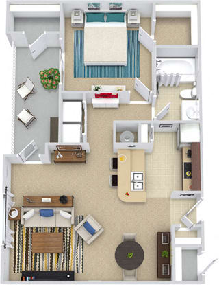 Grenada 3D. 1 bedroom apartment. Kitchen with bartop open to living/dinning rooms. 1 full bathroom. Walk-in closet. Patio/balcony with storage.