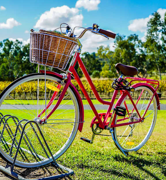 red bike parked on grass
