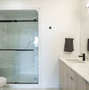a bathroom with a shower sink and toilet and a mirror