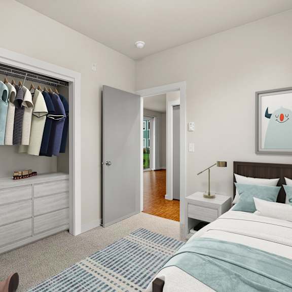 A bedroom with a bed, a wardrobe, and a painting of a penguin on the wall.