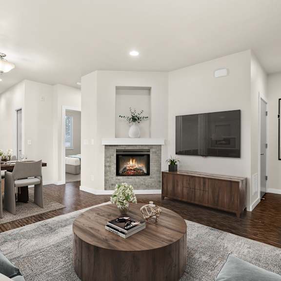 a kitchen with a stove and shelves on the wall