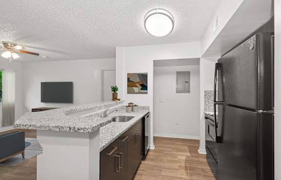 A kitchen with a black fridge and a marble counter top.