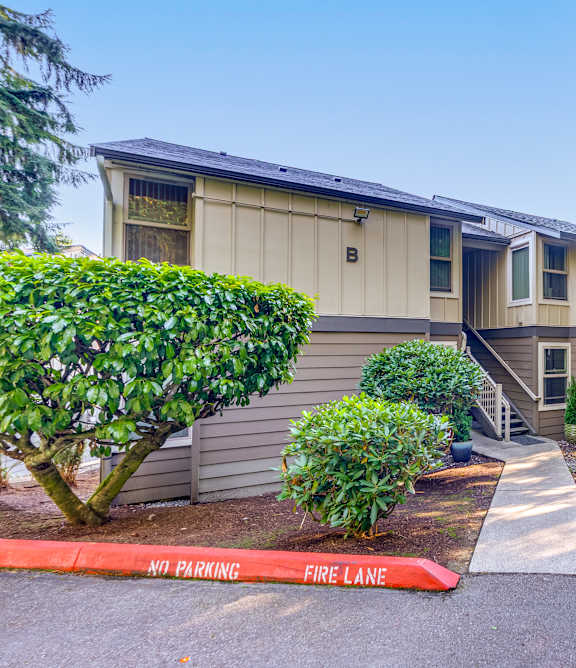 A building with a fire lane in front.