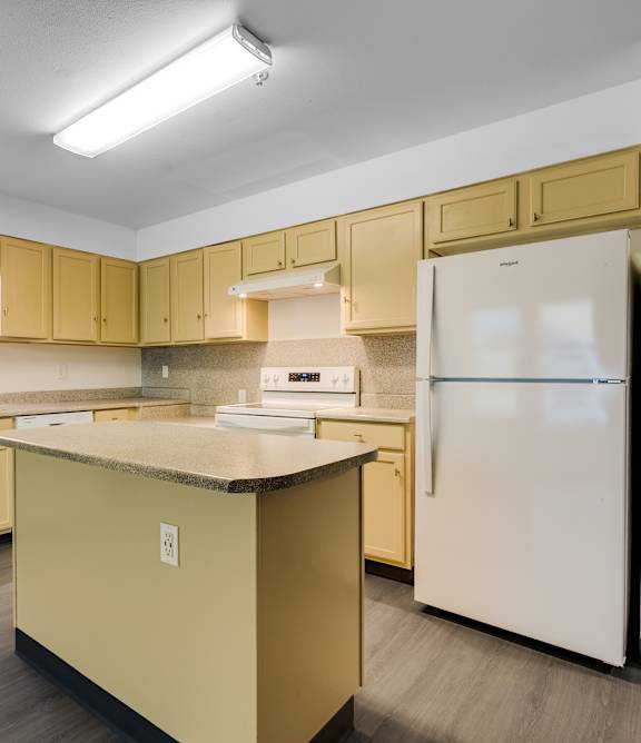 A kitchen with a white refrigerator and yellow cabinets.