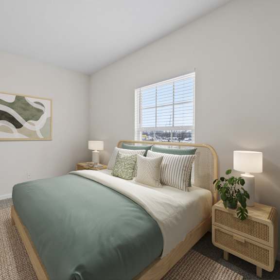 A bedroom with a large bed and a painting on the wall.