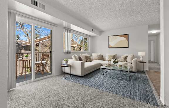 A living room with a white couch and a blue rug.