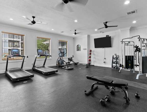 A spacious home gym with treadmills, exercise equipment, and a flat screen TV.
