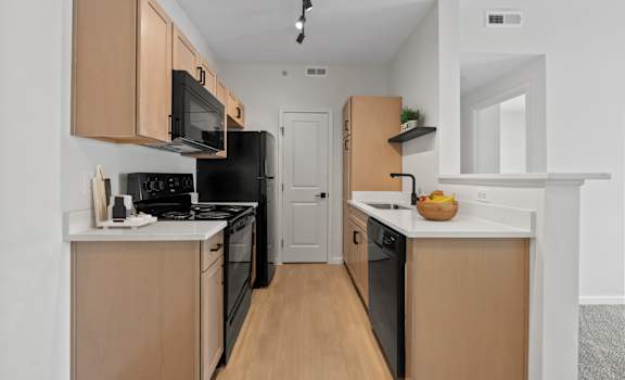 A kitchen with black appliances and wooden cabinets.