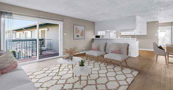 a living room with a white couch and a rug