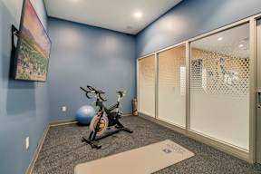 apartment community yoga studio with a stationary bike and a yoga ball