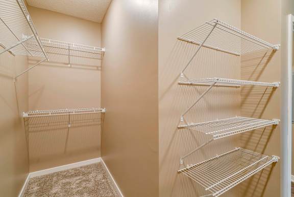 Walk in closet in master bedroom at The Flats at Shadow Creek new luxury apartments in east Lincoln NE 68520