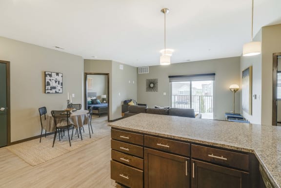 Spacious kitchens with granite countertops at WH Flats new luxury apartments in south Lincoln NE 68516