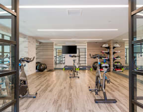 a gym with weights and a tv on the wall