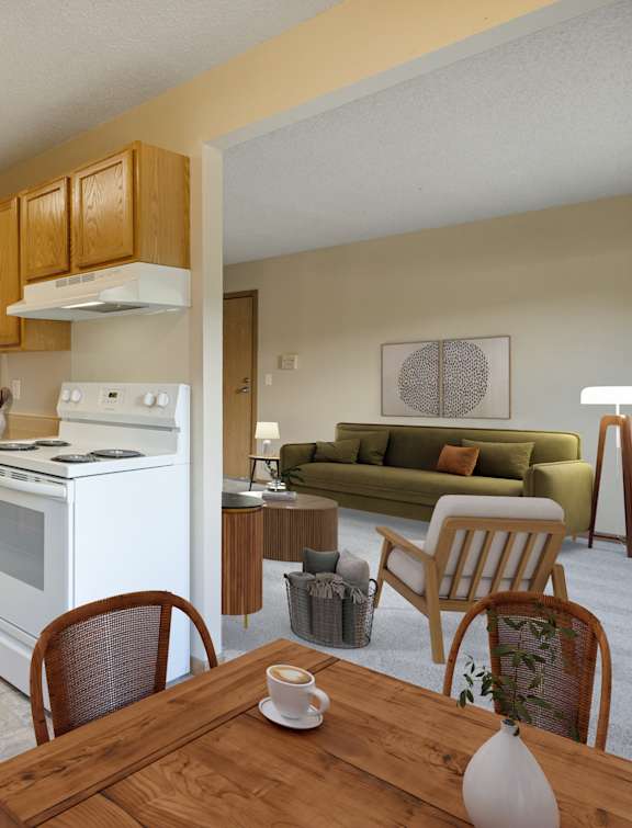 Kitchen with white appliances at Ames Lake Neighborhood Apartments, St Paul, MN, 55106