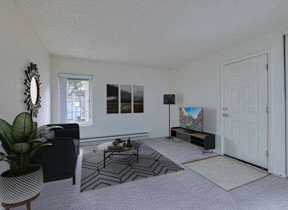 a living room with white walls and a white door