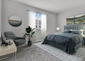 Thumbnail 2 of 4 - A bedroom with a large bed, a chair, a potted plant, and a painting on the wall.