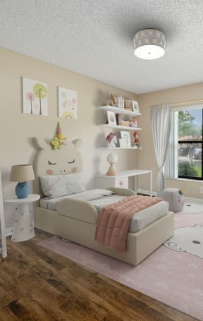 an image of a childrens bedroom with a bed and toys