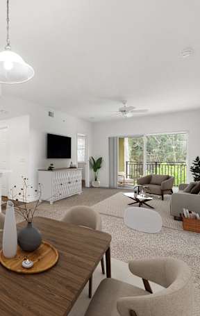 A modern living room with a wooden dining table and beige chairs.