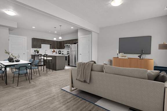 A modern living room with a grey couch and a television.
