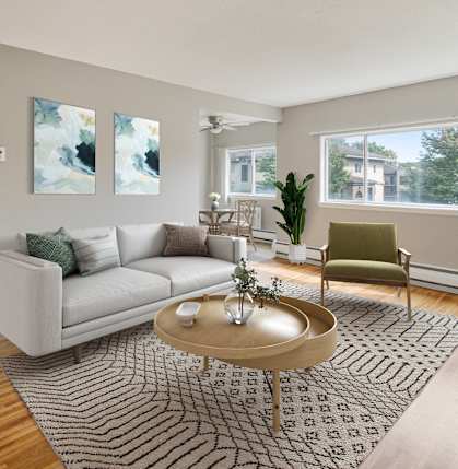 a living room with a couch and a coffee table
