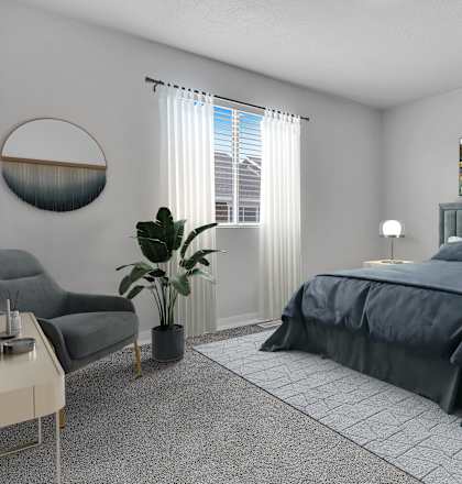 A bedroom with a large bed, a chair, a potted plant, and a painting on the wall.