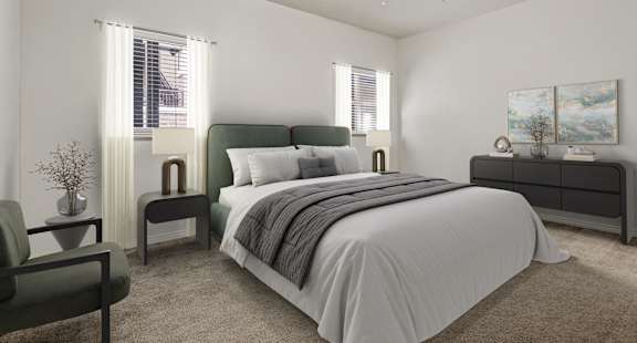 A bedroom with a bed, nightstand, and a dresser.
