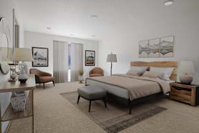 a rendering of a bedroom with a bed and a dresser