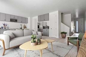 a living room with a couch and a table