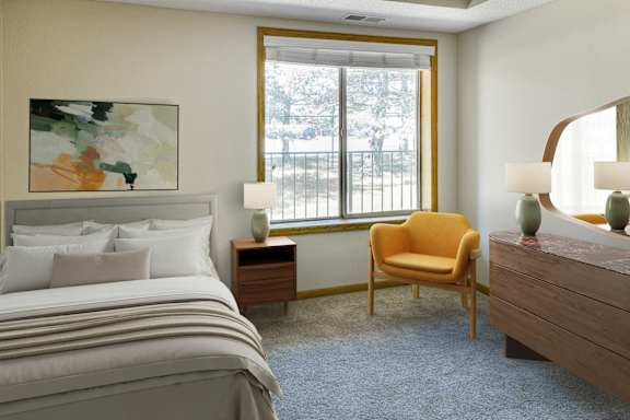 A bedroom with a bed, chair, and painting. at Crosby Pointe Apartments, Minnesota, 55116-3244