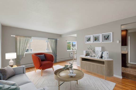 a living room with a couch and a coffee table