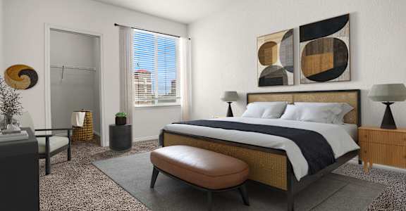A modern bedroom with a large bed and a large window.