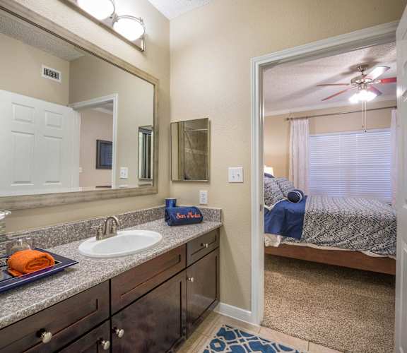 Large bathroom leading to bedroom in one-bedroom apartment in South Houston
