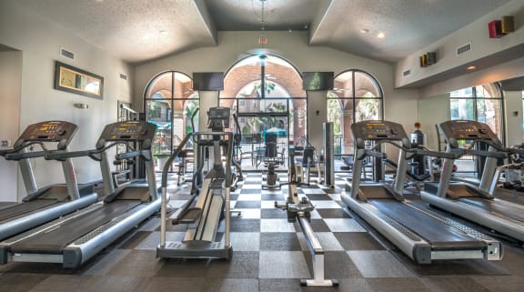 a gym with cardio machines and weights on a checkered floor in South Houston