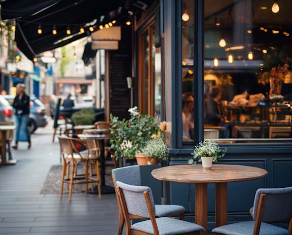 A restaurant with a wooden table and chairs is shown with a blurred background.