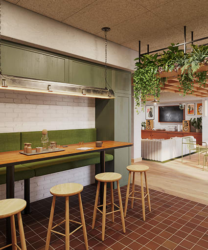 a restaurant with a green counter and a bar with wooden stools