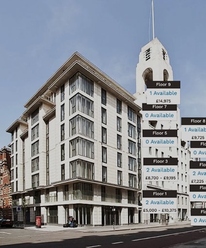 an illustration of a building with many different signs in front of it