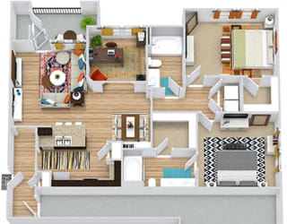 Leon with Attached Garage 3D. 2 bedroom apartment + study room. Kitchen with bartop open to living/dinning rooms. 2 full bathrooms, double vanity in master. Walk-in closets. Patio/balcony.