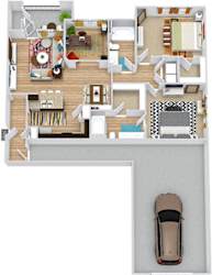 Leon with Attached Garage 3D. 2 bedroom apartment + study room. Kitchen with bartop open to living/dinning rooms. 2 full bathrooms, double vanity in master. Walk-in closets. Patio/balcony.