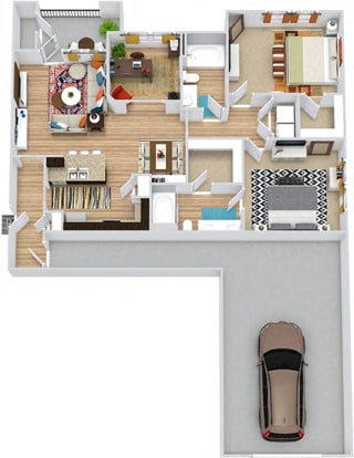 Leon with Attached Garage 3D Leon with Attached Garage 3D. 2 bedroom apartment + study room. Kitchen with bartop open to living/dinning rooms. 2 full bathrooms, double vanity in master. Walk-in closets. Patio/balcony.