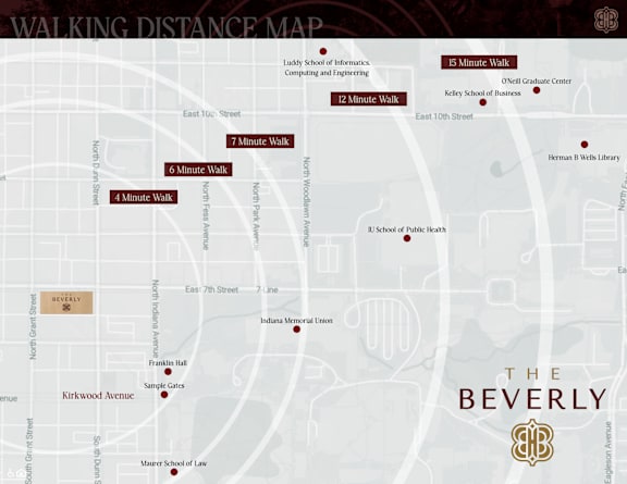 A map of walking distances to various buildings on a campus.