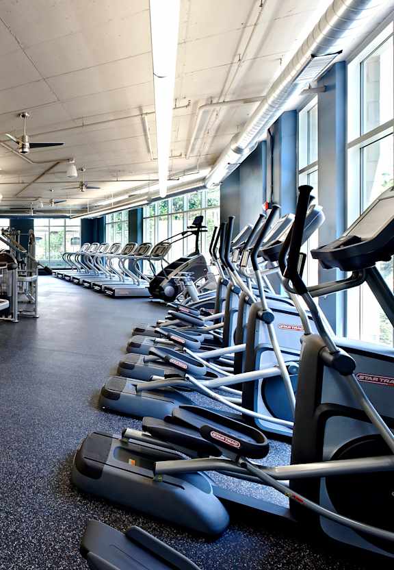 a gym with cardio equipment and weights on the floor