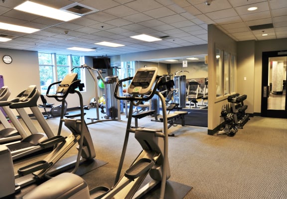 a gym with various cardio equipment in a building