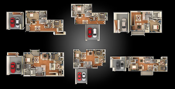 A series of images showing different layouts of rooms with a red object in the center.