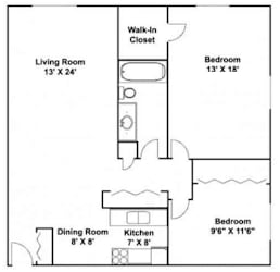 Two bedroom, two bathroom Mississippi floor plan at River 10 Apartments with 1,150 square feet.