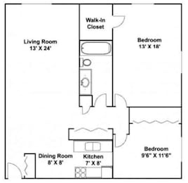 Two bedroom, two bathroom Mississippi floor plan at River 10 Apartments with 1,150 square feet.