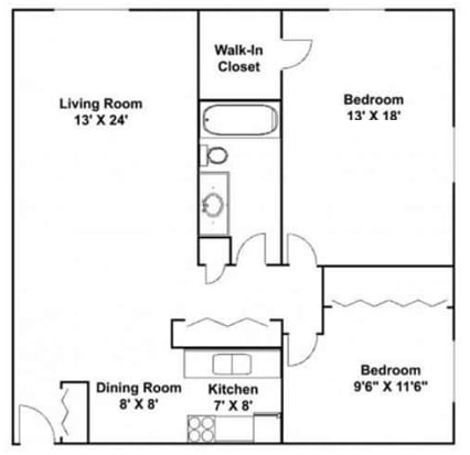Two bedroom, two bathroom Mississippi floor plan at River 10 Apartments with 1,150 square feet.
