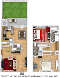 Brentwood with Fenced-in Yard. 2 bedroom townhome. Kitchen ,living, and dinning rooms. 2 full bathroom + powder room, shower stall in master. Patio/balcony open to yard.