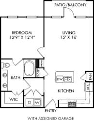 The Encanto with Assigned Garage. 1 bedroom apartment. Kitchen with island open to living room. 1 full bathroom, double vanity. Walk-in closet. Patio/balcony.